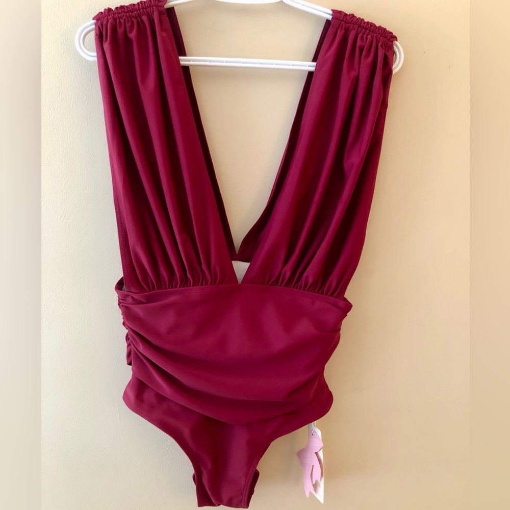Deep V One-Piece Swimsuit in Burgundy